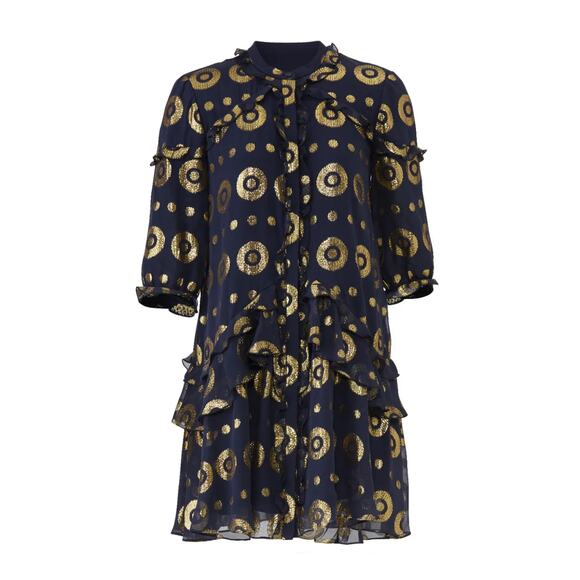 SALONI Tilly Silk Blend Ruffle Shift Dress Medallion Print Navy and Gold Size 8 - Picture 7 of 9